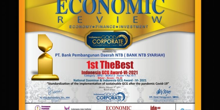 Inovasi dan Target, Kunci Bank NTB Syariah Raih 1st. The Best – Indonesia GCG Award –VI-2021, Category : BPD – BUKU 2